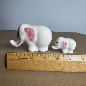Vintage Ceramic Elephant Figurine‎ Set Mother Baby Pink Ears Crackle Glaze